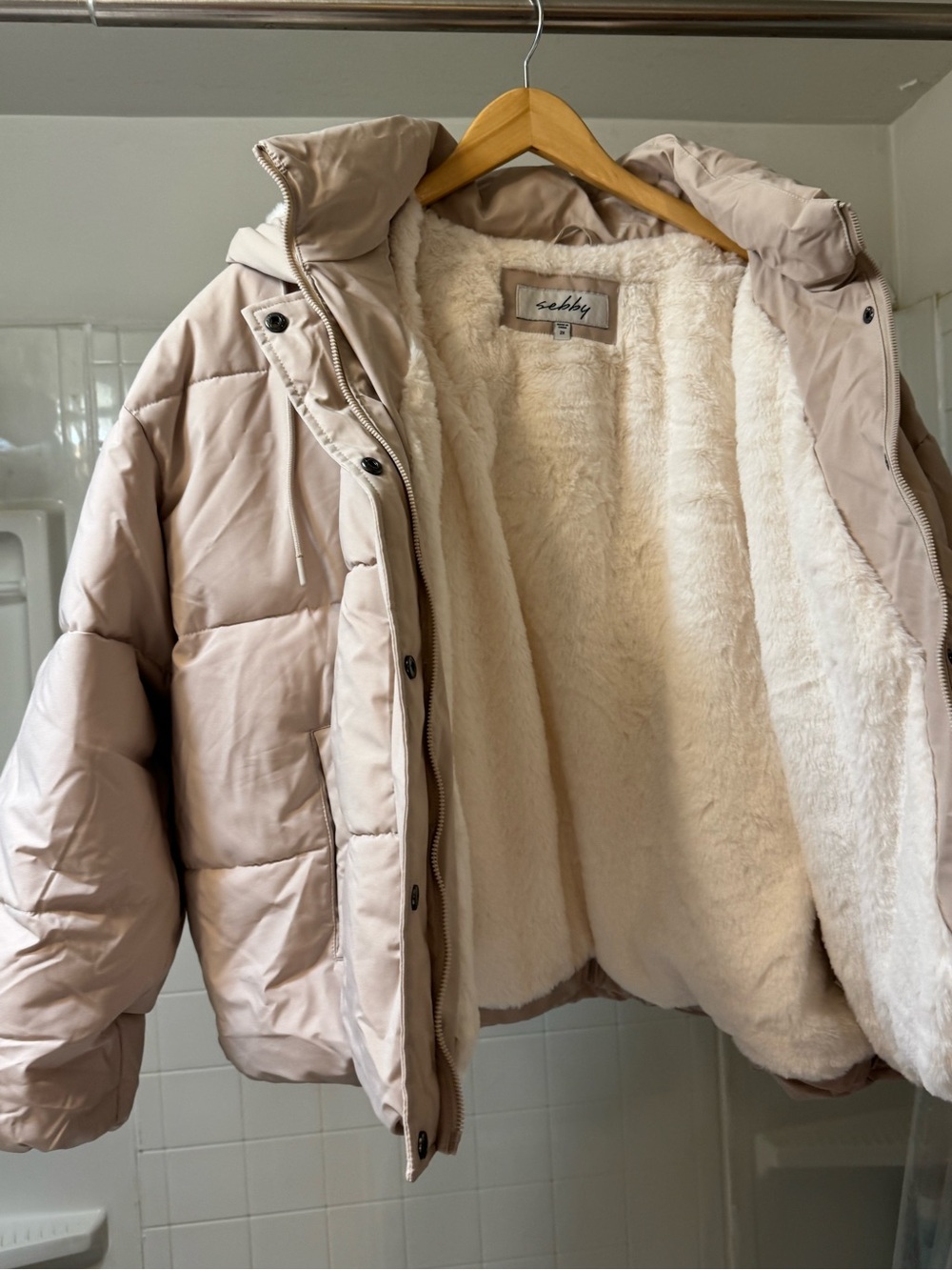 Sebby Women's Puffer Jacket with Faux Fur Lining - Light Beige 2x